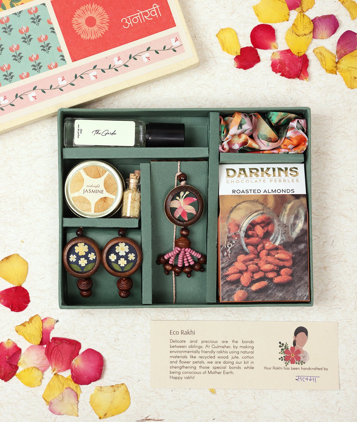 Anokhi Rakhi Gift Box | Thoughtful Raksha Bandhan Gift Hamper – Rakhi on Brown Living™. SKU: GUL-13. Img 1.