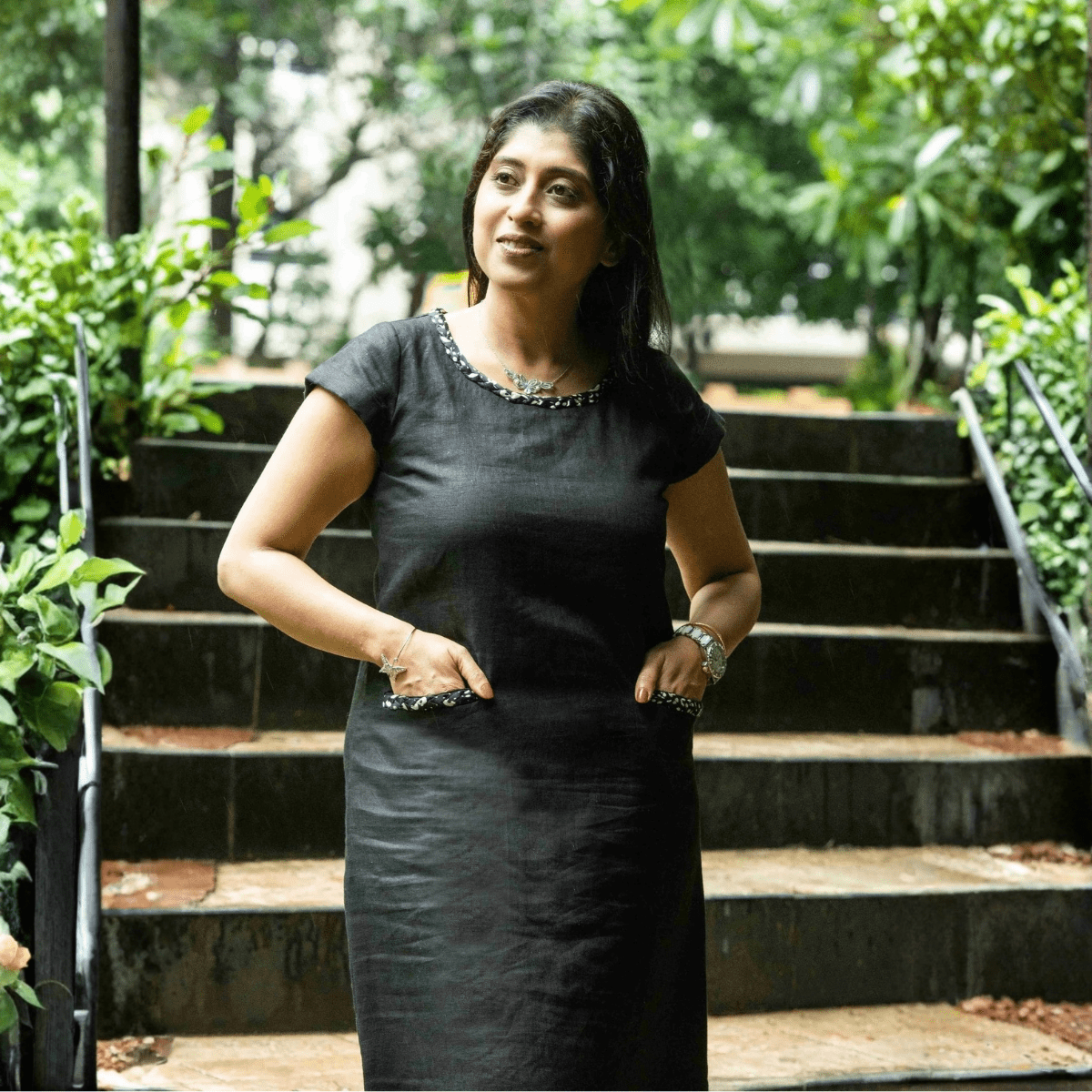 Anshika Charcoal Black Pure Linen Dress With Intricate Braid Work – Womens Dress on Brown Living™. SKU: HD1008. Img 5.