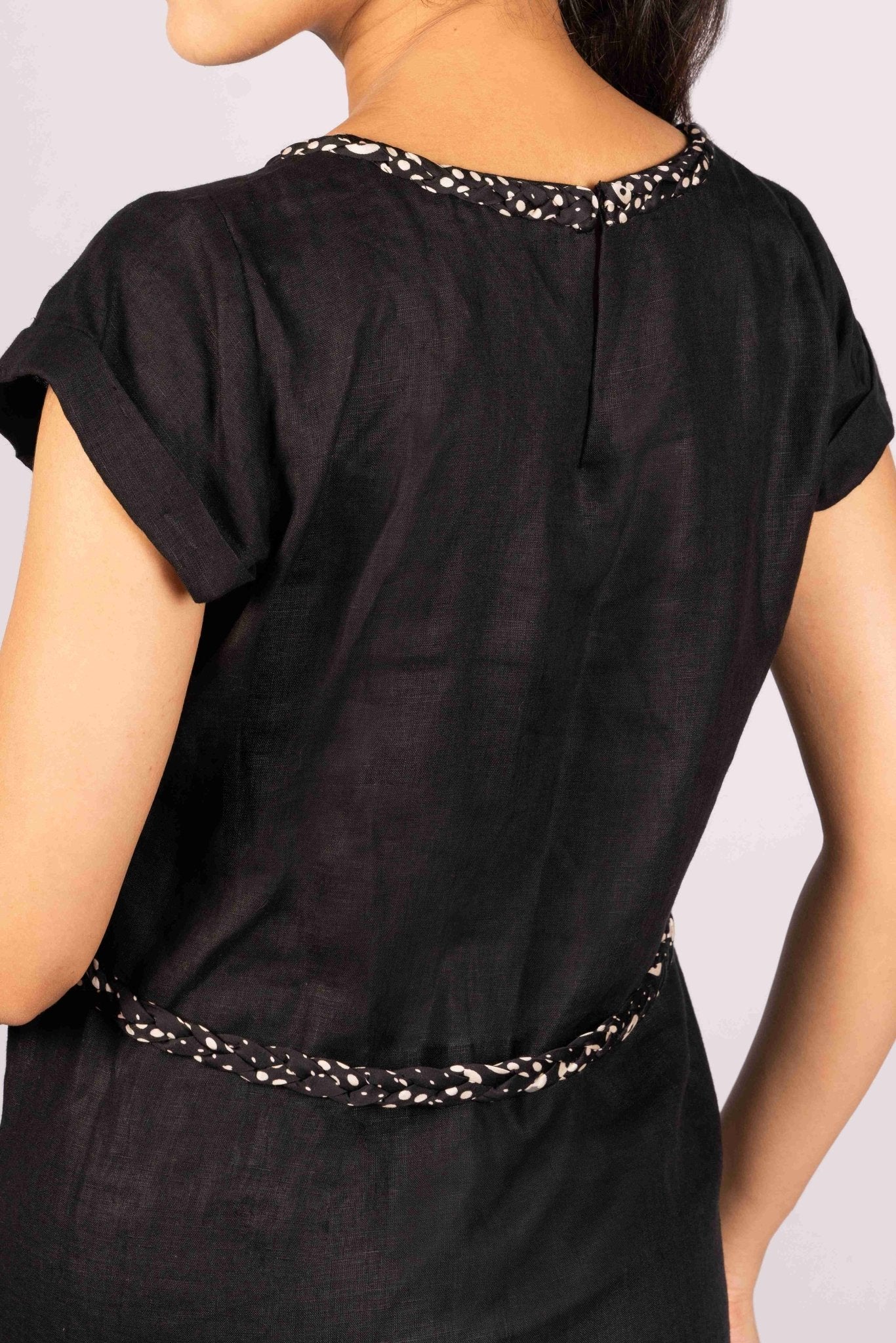 Anshika Charcoal Black Pure Linen Dress With Intricate Braid Work – Womens Dress on Brown Living™. SKU: HD1008. Img 1.