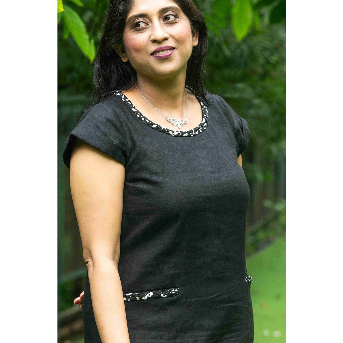 Anshika Charcoal Black Pure Linen Dress With Intricate Braid Work – Womens Dress on Brown Living™. SKU: HD1008XSN. Img 5.