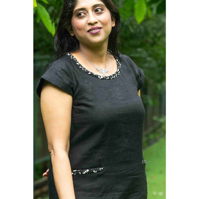 Anshika Charcoal Black Pure Linen Dress With Intricate Braid Work – Womens Dress on Brown Living™. SKU: HD1008XSN. Img 5.