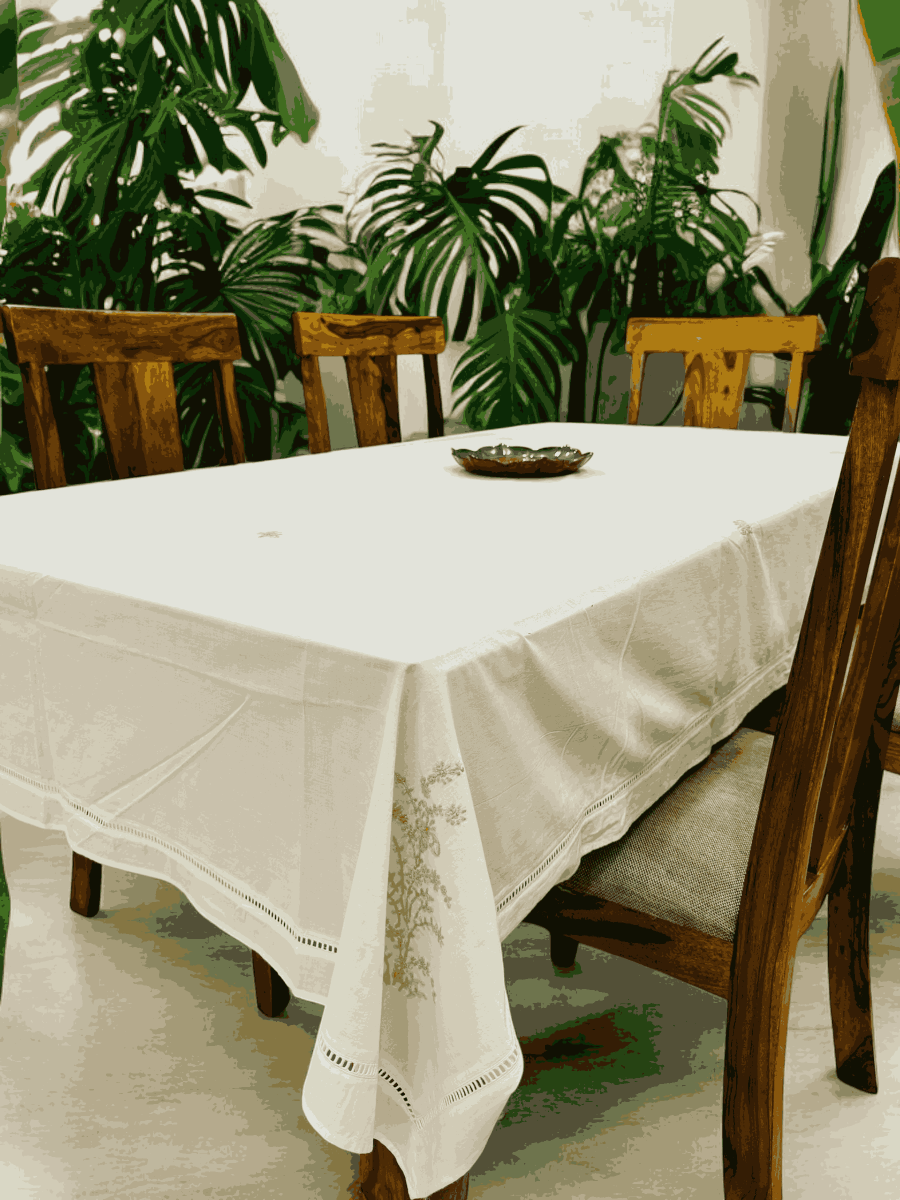 Anthophile Rectangular Table Cloth – Cotton Dining & Home Decor – Table Linens by Inara Home available on Brown Living™. Beige . SKU: INTCW03. Img 1.