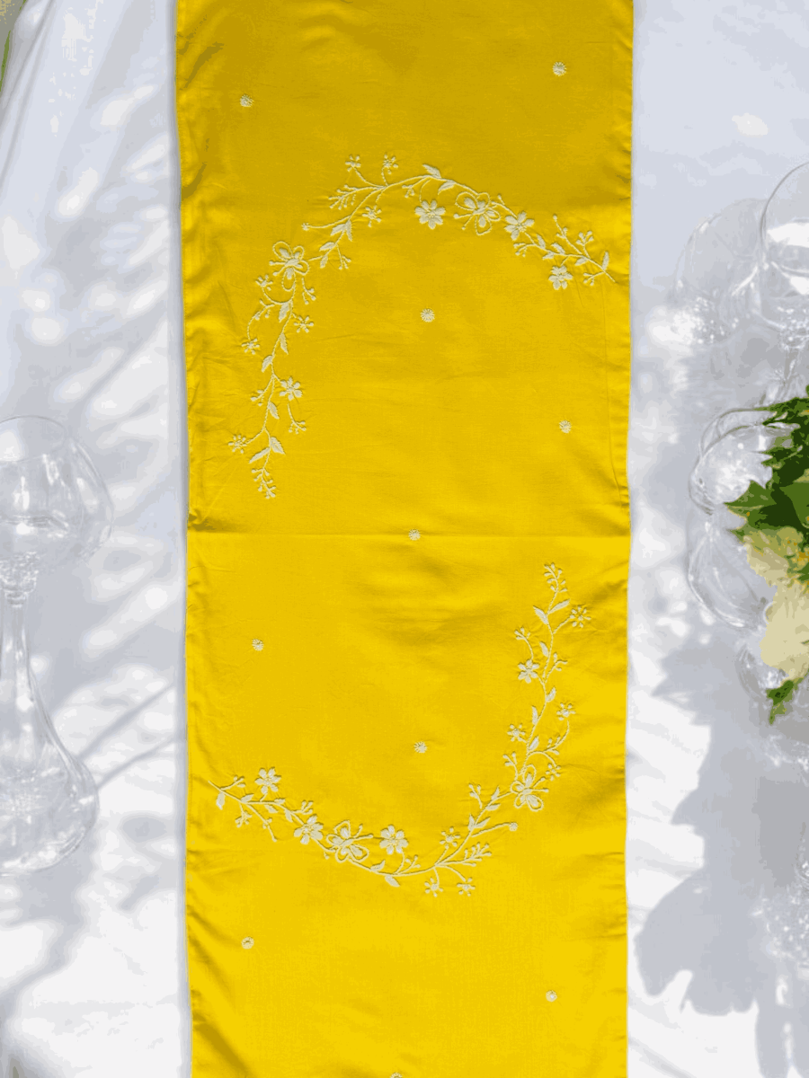 Anthophile Runner – Handmade Floral Cotton Table Runner for Dining – Home Decor by Inara Home available on Brown Living™. Yellow . SKU: INTRY02. Img 1.