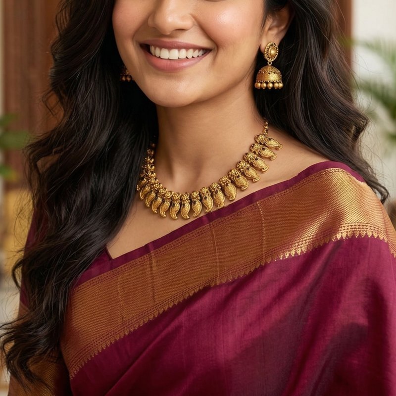 Antique Gold Temple Necklace Set with Traditional Jhumka Earrings – Womens Jewelry Sets on Brown Living™. SKU: KOTT-T012. Img 1.