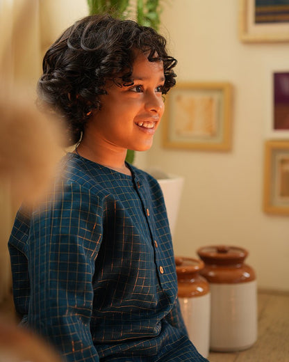 Aparajita Festive Kurta – Blue & Gold Checked Traditional Ethnic Wear – Kids Ethnic Sets on Brown Living™. SKU: C35B1BK12. Img 2.