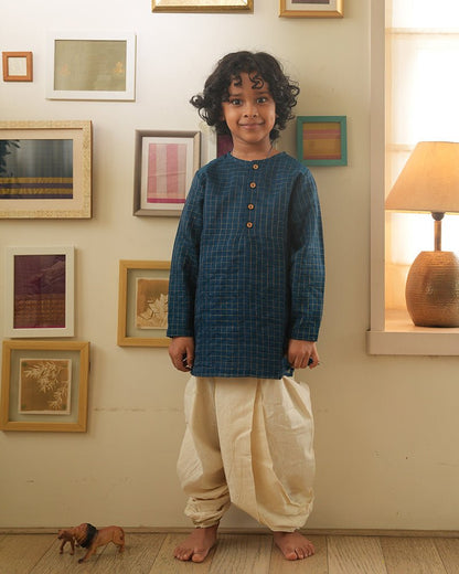 Aparajita Festive Kurta – Blue & Gold Checked Traditional Ethnic Wear – Kids Ethnic Sets on Brown Living™. SKU: C35B1BK12. Img 1.