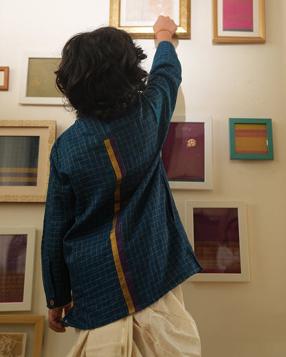 Aparajita Festive Kurta – Blue & Gold Checked Traditional Ethnic Wear – Kids Ethnic Sets on Brown Living™. SKU: C35B1BK12. Img 3.