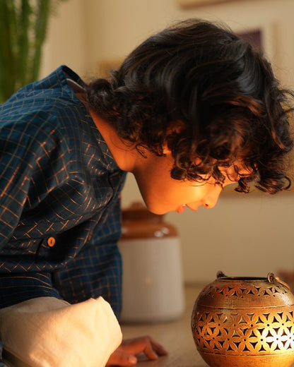 Aparajita Festive Kurta – Blue & Gold Checked Traditional Ethnic Wear – Kids Ethnic Sets on Brown Living™. SKU: C35B1BK12. Img 5.