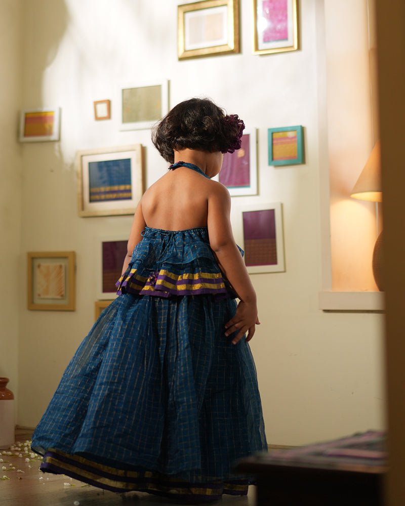 Aparajita Lehenga Set in Blue Gold Checks – Elegant Ethnic Wear – Kids Ethnic Sets on Brown Living™. SKU: C35G6BL12. Img 2.