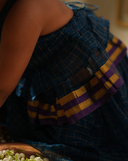 Aparajita Lehenga Set in Blue Gold Checks – Elegant Ethnic Wear – Kids Ethnic Sets on Brown Living™. SKU: C35G6BL12. Img 6.