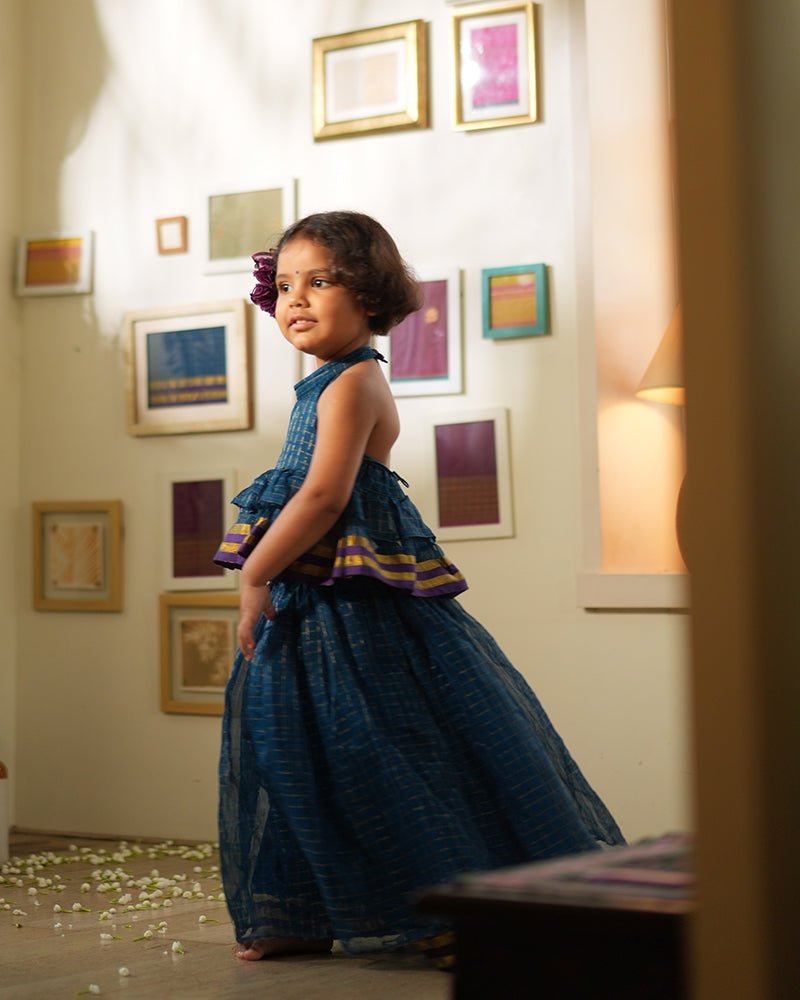 Aparajita Lehenga Set in Blue Gold Checks – Elegant Ethnic Wear – Kids Ethnic Sets on Brown Living™. SKU: C35G6BL12. Img 1.