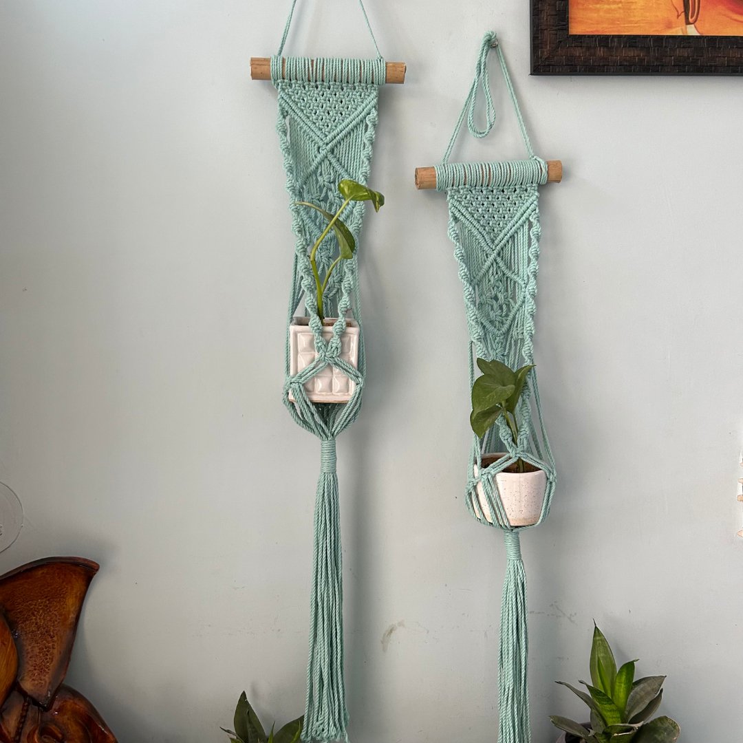 Aqua Blue Macrame Plant Holder - Set of 2 | Verified Sustainable by Brown Living™