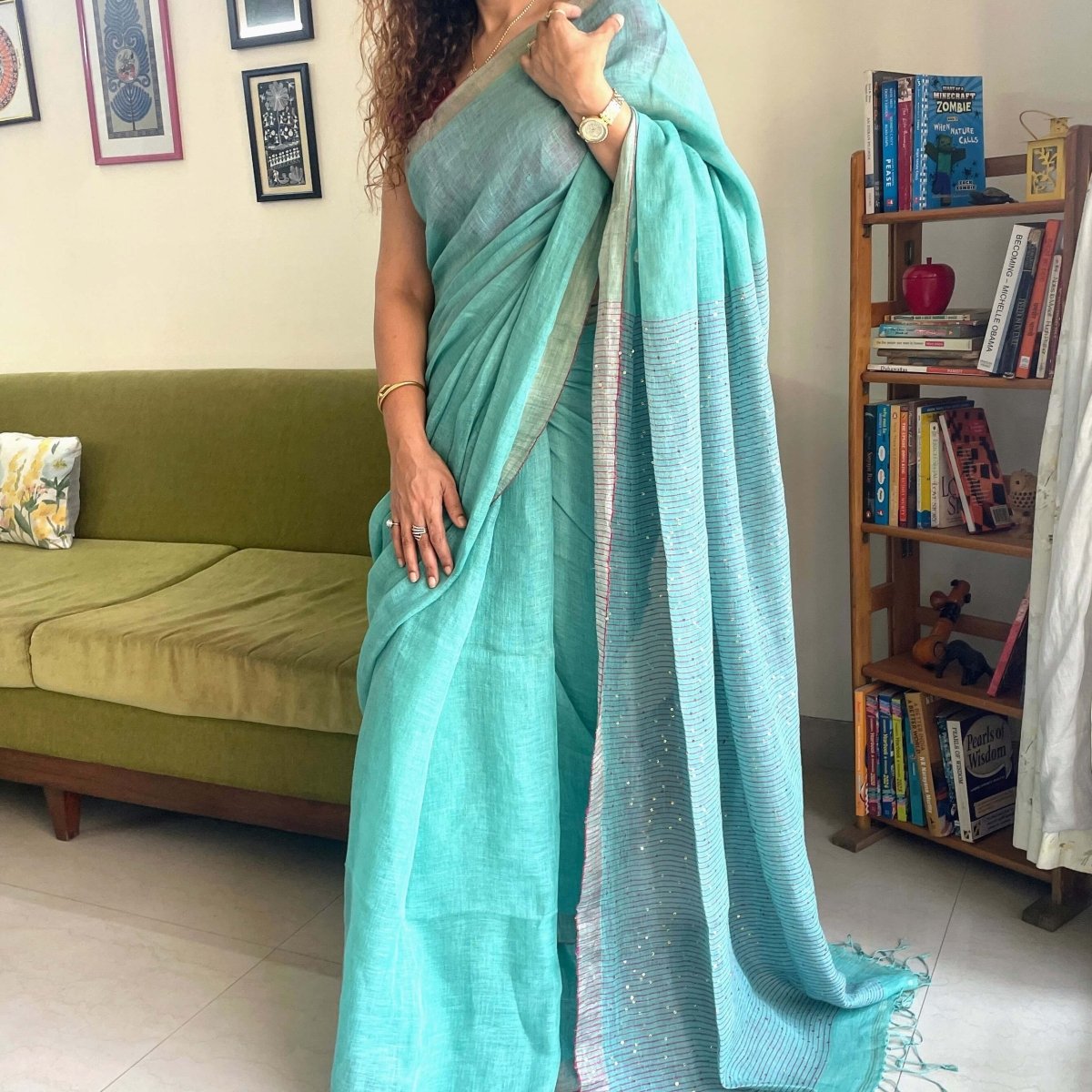 Aqua green Linen Saree with sequence – Womens Saree by Forsarees available on Brown Living™. . SKU: SKU - 132. Img 4.