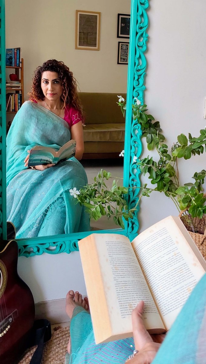 Aqua green Linen Saree with sequence – Womens Saree by Forsarees available on Brown Living™. . SKU: SKU - 132. Img 2.