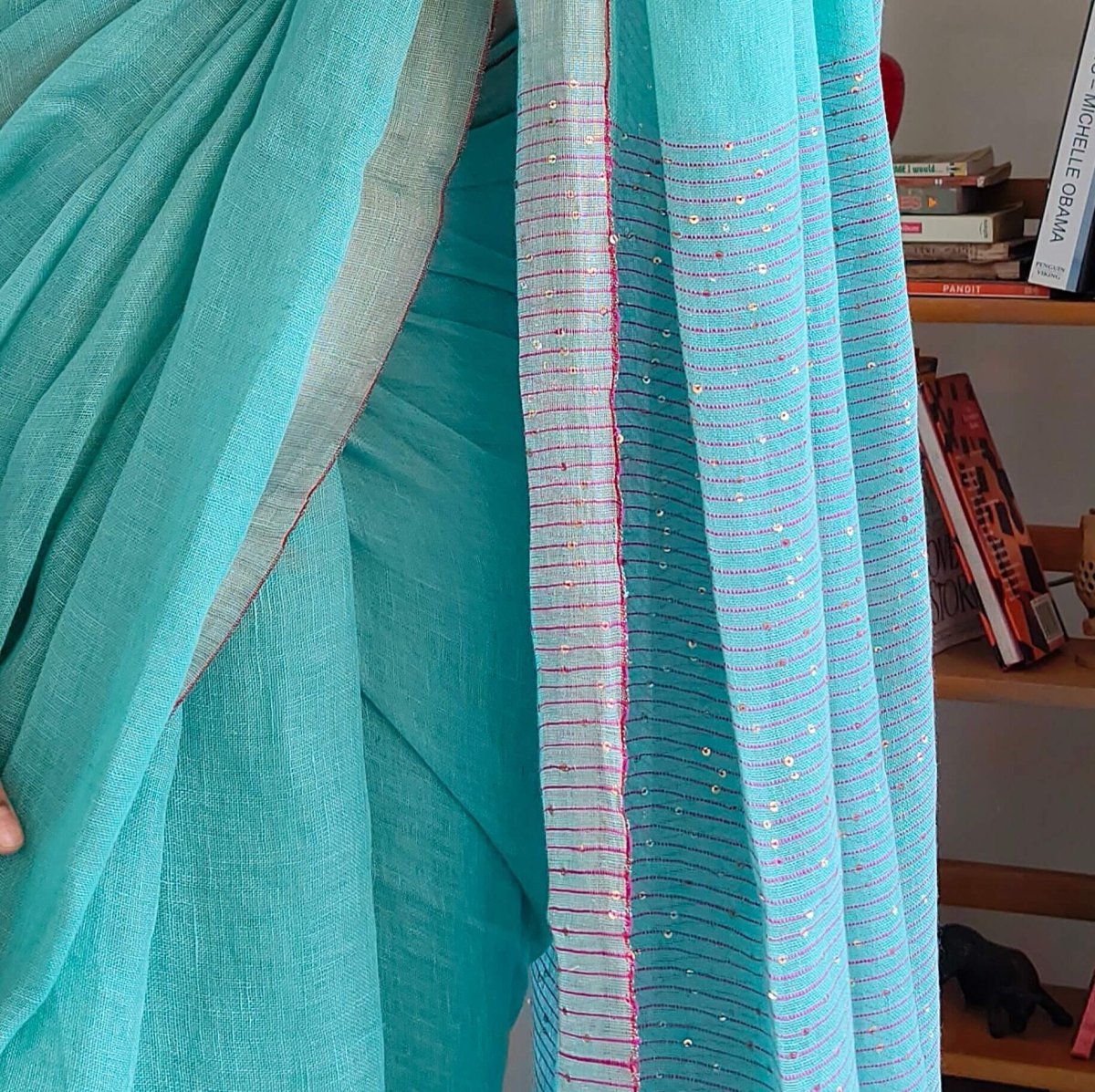 Aqua green Linen Saree with sequence – Womens Saree by Forsarees available on Brown Living™. . SKU: SKU - 132. Img 3.