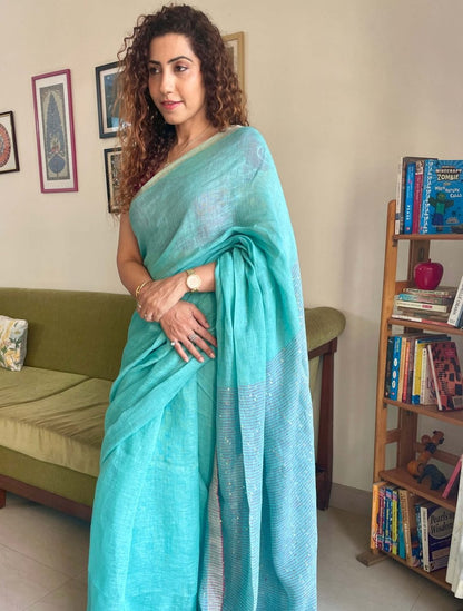 Aqua green Linen Saree with sequence – Womens Saree by Forsarees available on Brown Living™. . SKU: SKU - 132. Img 5.