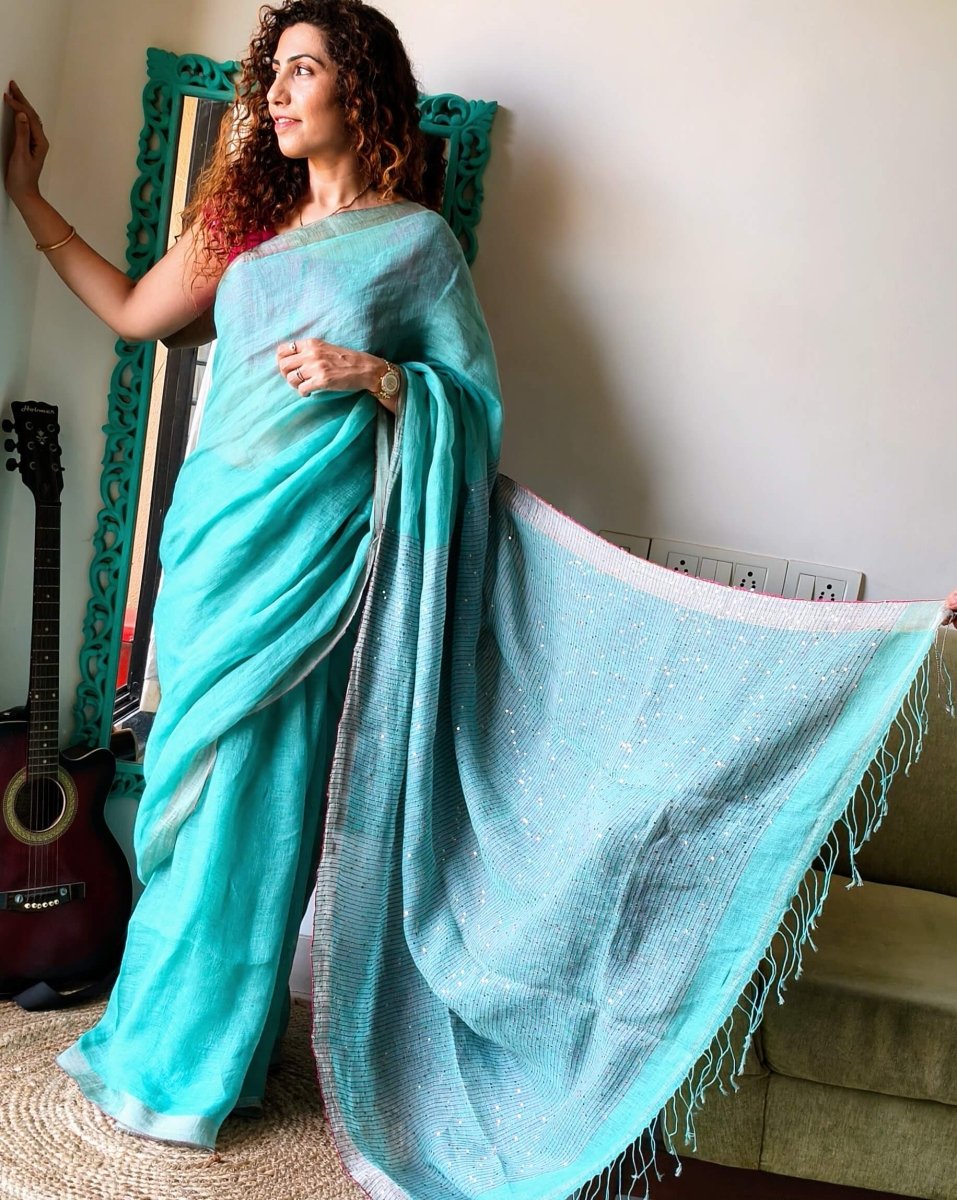 Aqua green Linen Saree with sequence – Womens Saree by Forsarees available on Brown Living™. . SKU: SKU - 132. Img 7.