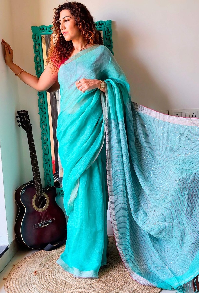 Aqua green Linen Saree with sequence – Womens Saree by Forsarees available on Brown Living™. . SKU: SKU - 132. Img 8.