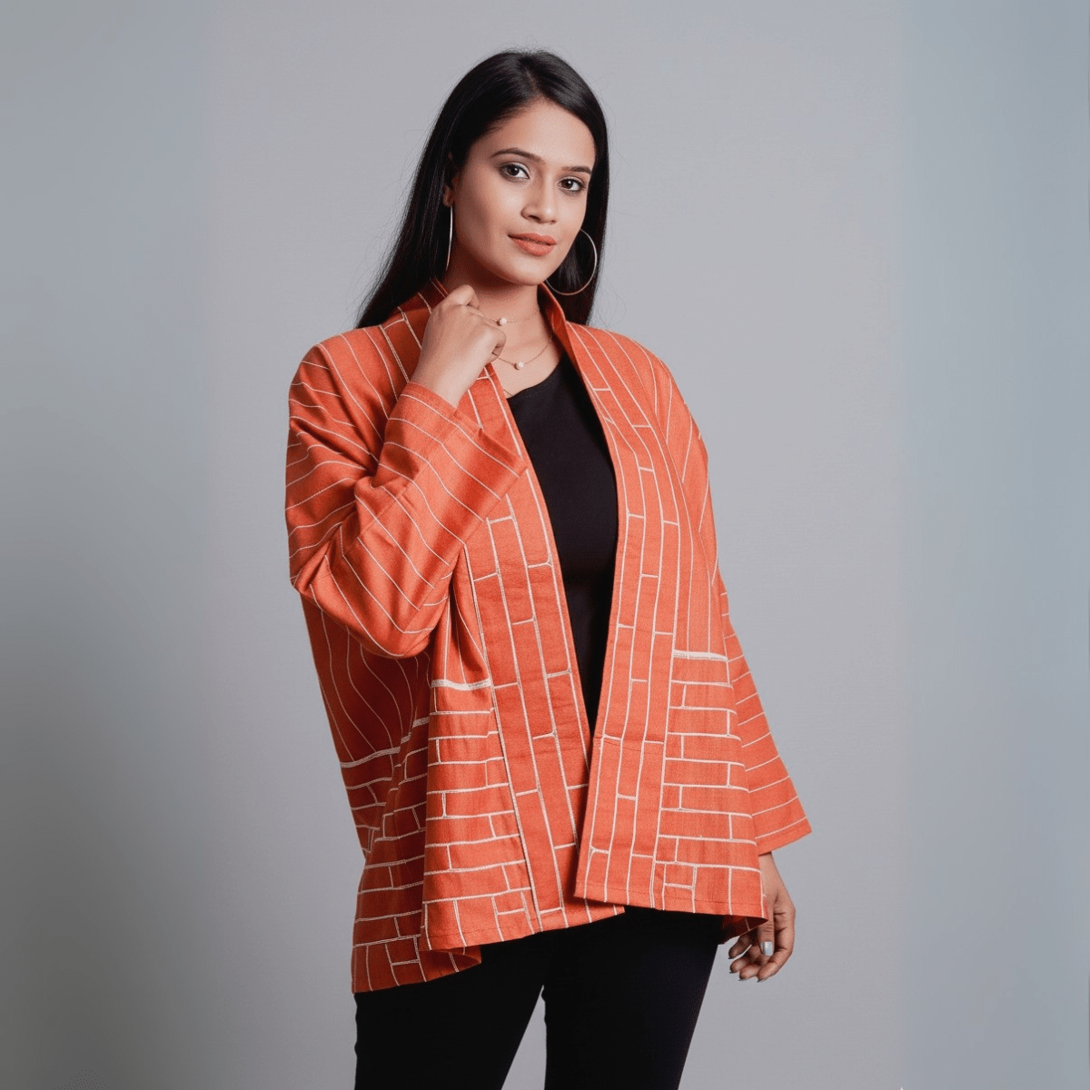 Artisan Ember Embroidered Jacket – Handcrafted Ethnic Cotton Wear – Womens Jacket on Brown Living™. SKU: J03008. Img 1.