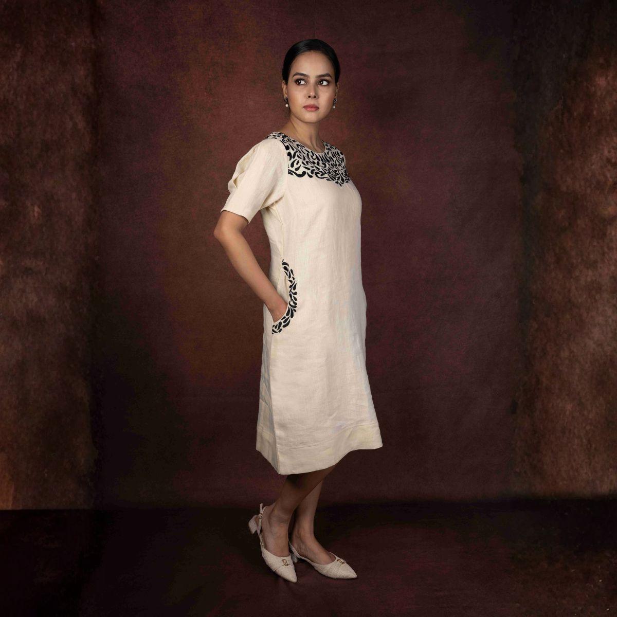 Aruja Cream Handloom Linen Dress with Black Embroidery – Womens Dress on Brown Living™. SKU: HD1010. Img 3.