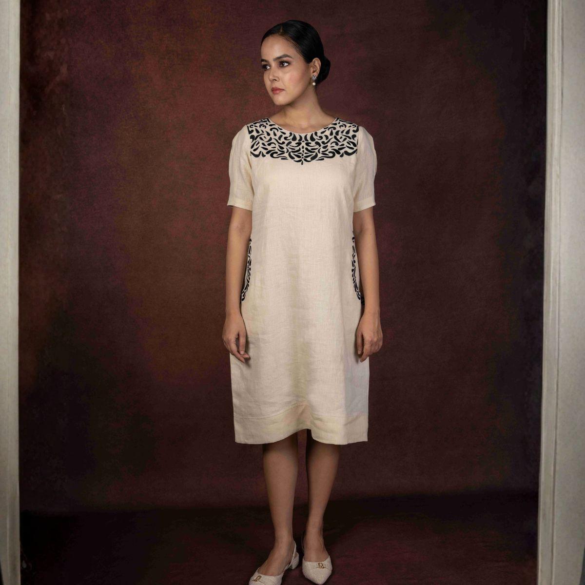 Aruja Cream Handloom Linen Dress with Black Embroidery – Womens Dress on Brown Living™. SKU: HD1010. Img 4.