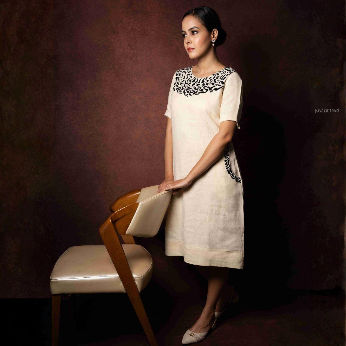 Aruja Cream Handloom Linen Dress with Black Embroidery – Womens Dress on Brown Living™. SKU: HD1010. Img 5.