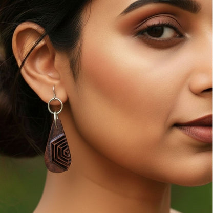 Ashvini Rekh Wooden Earrings With Wood Block Carving – Jewellery on Brown Living™. SKU: UARKHWJER011. Img 4.