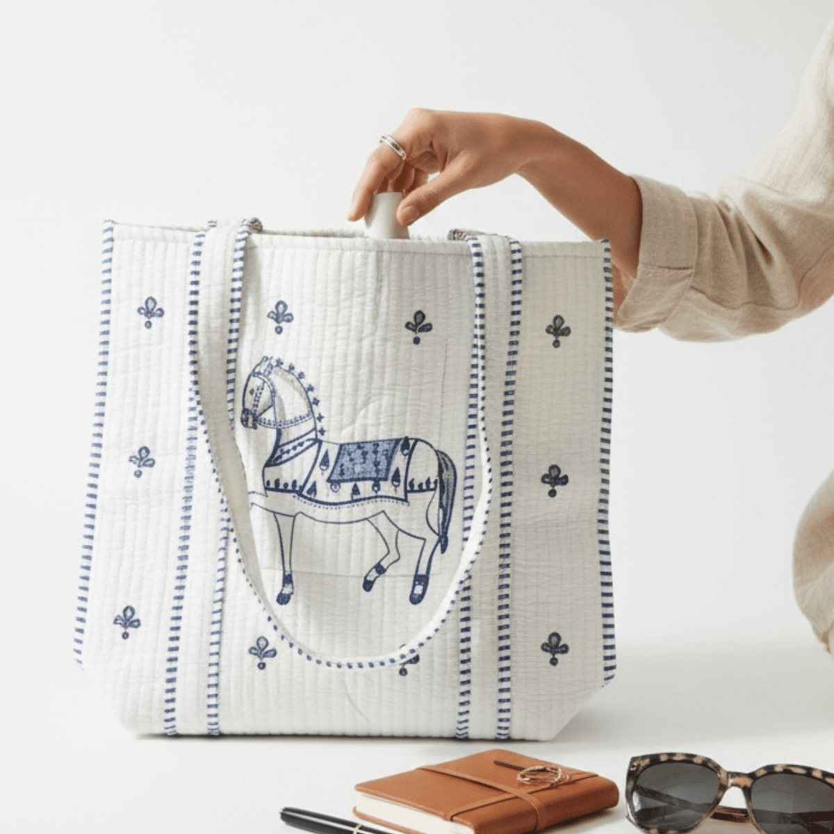 Ashwa Horse Hand Block Printed Quilted Cotton Tote Bag 14x14 Inch – Handbags on Brown Living™. SKU: ASHWATOTE14X14. Img 1.