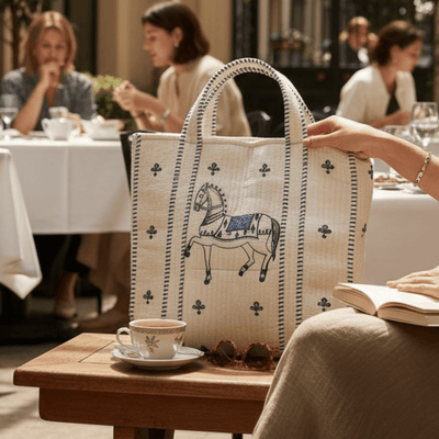 Ashwa Horse Hand Block Printed Quilted Cotton Tote Bag 14x14 Inch – Handbags on Brown Living™. SKU: ASHWATOTE14X14. Img 4.