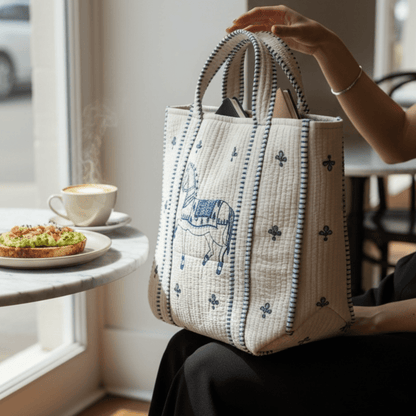 Ashwa Horse Hand Block Printed Quilted Cotton Tote Bag 14x14 Inch – Handbags on Brown Living™. SKU: ASHWATOTE14X14. Img 3.
