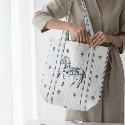 Ashwa Horse Hand Block Printed Quilted Cotton Tote Bag 14x14 Inch – Handbags on Brown Living™. SKU: ASHWATOTE14X14. Img 2.