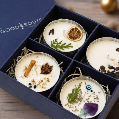 Assorted Tin Candles - Set of 4 – Candles & Fragrances on Brown Living™. SKU: GRGTB06. Img 1.