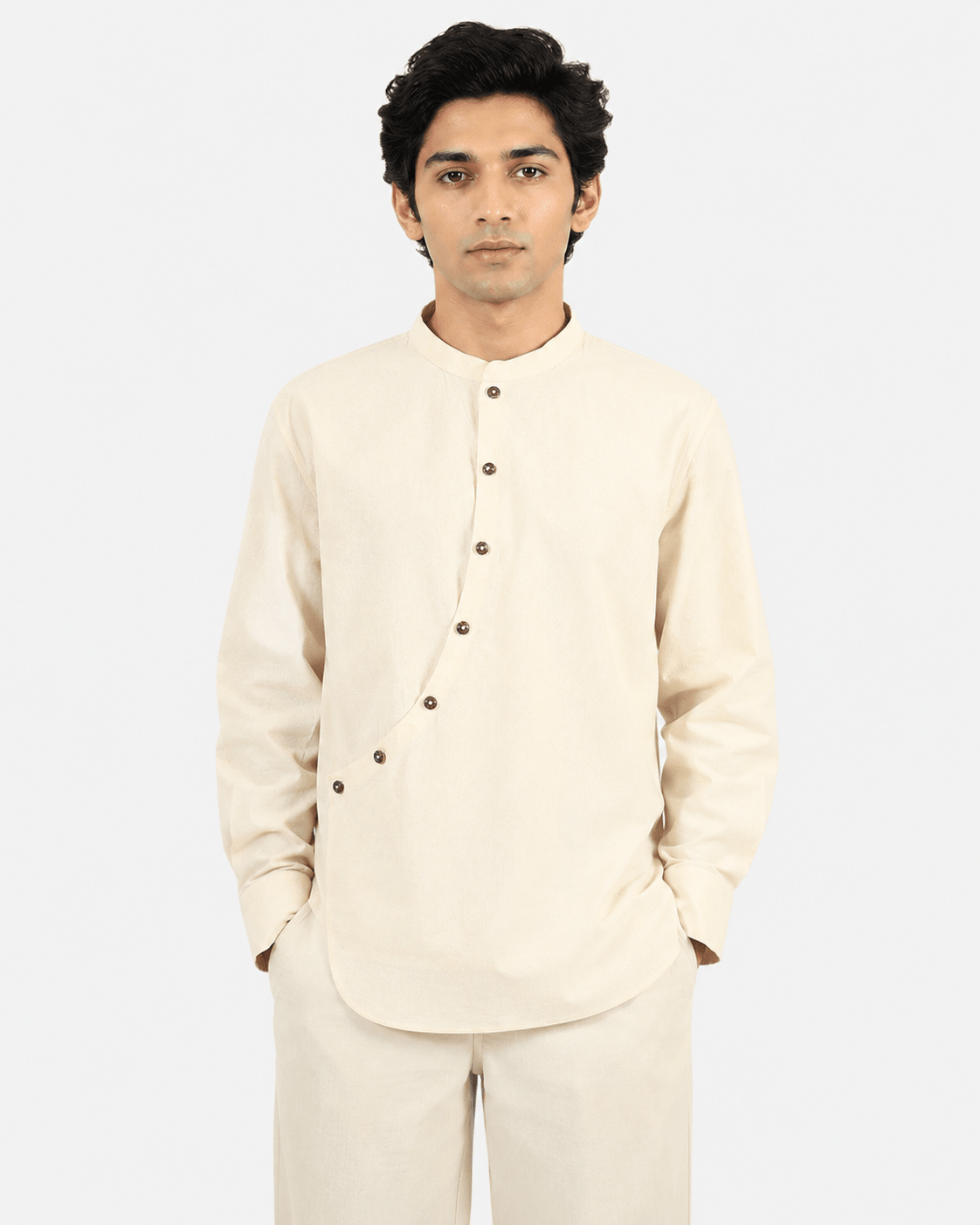 Asymmetric Overlap Cotton Shirt – Modern Draped Casual Essential Shirt – Womens Shirt on Brown Living™. SKU: ACB2026006. Img 5.