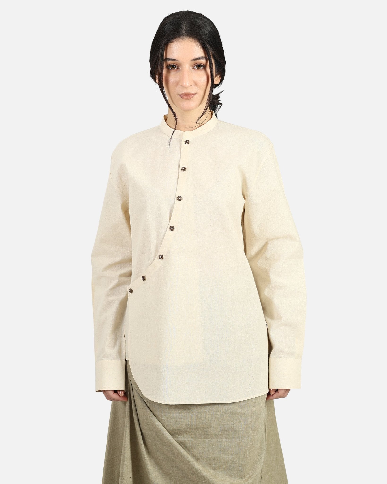 Asymmetric Overlap Cotton Shirt – Modern Draped Casual Essential Shirt – Womens Shirt on Brown Living™. SKU: ACB2026006. Img 4.