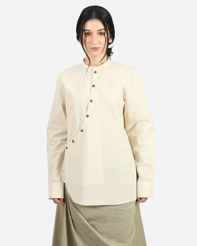 Asymmetric Overlap Cotton Shirt – Modern Draped Casual Essential Shirt – Womens Shirt on Brown Living™. SKU: ACB2026006. Img 4.