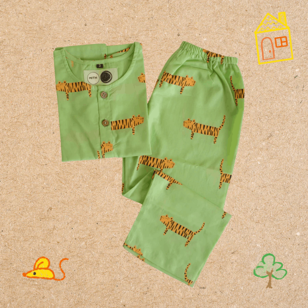 Augustus The Tiger - Unisex Kids Nightwear – Kids Pyjamas on Brown Living™. SKU: MITHNW-032-G-1. Img 2.