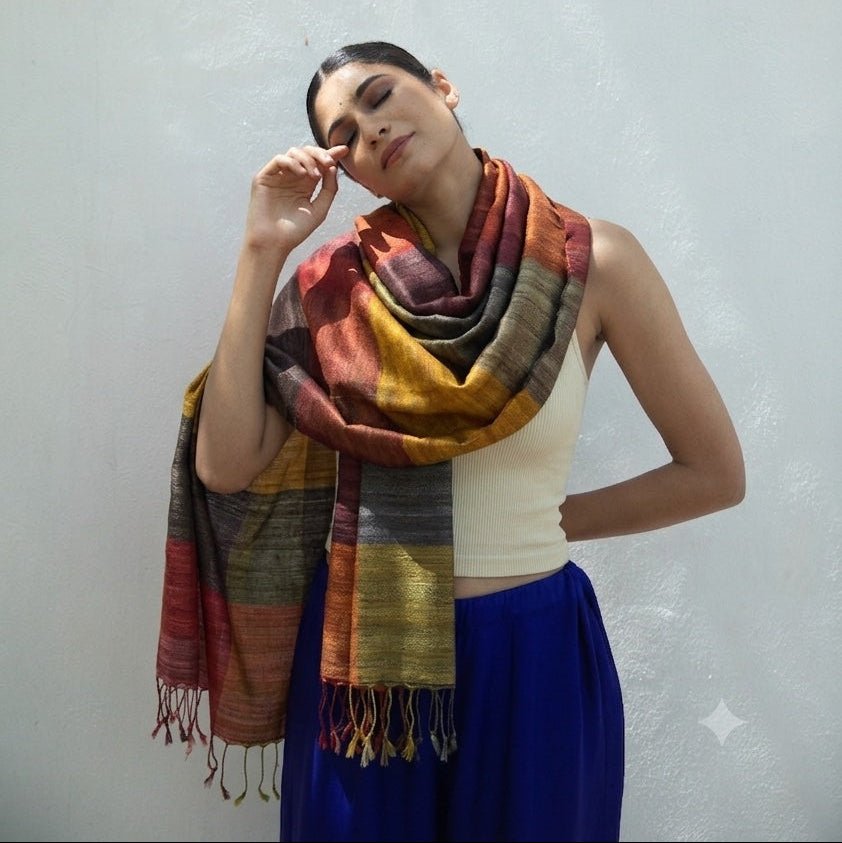 Autumn Madras Checks Tussar Peace Silk Scarf – Womens Scarf on Brown Living™. SKU: NAESA108. Img 1.