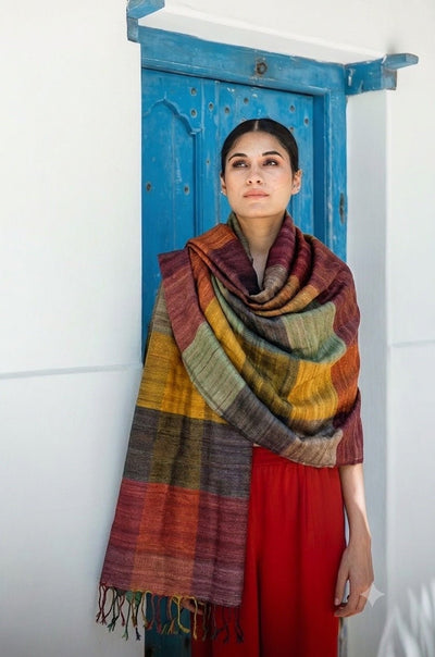 Autumn Madras Checks Tussar Peace Silk Scarf – Womens Scarf on Brown Living™. SKU: NAESA108. Img 2.