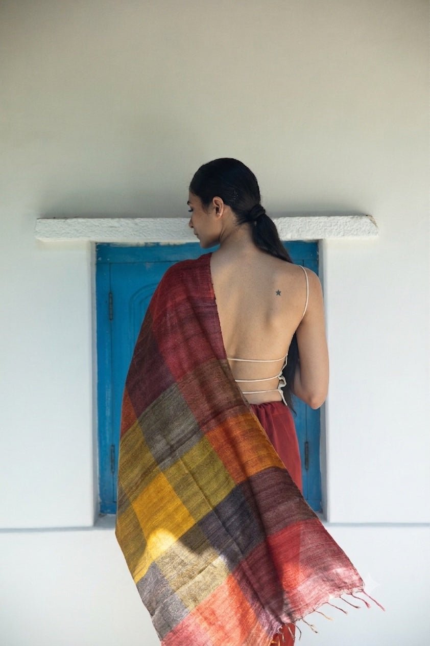Autumn Madras Checks Tussar Peace Silk Scarf – Womens Scarf on Brown Living™. SKU: NAESA108. Img 3.