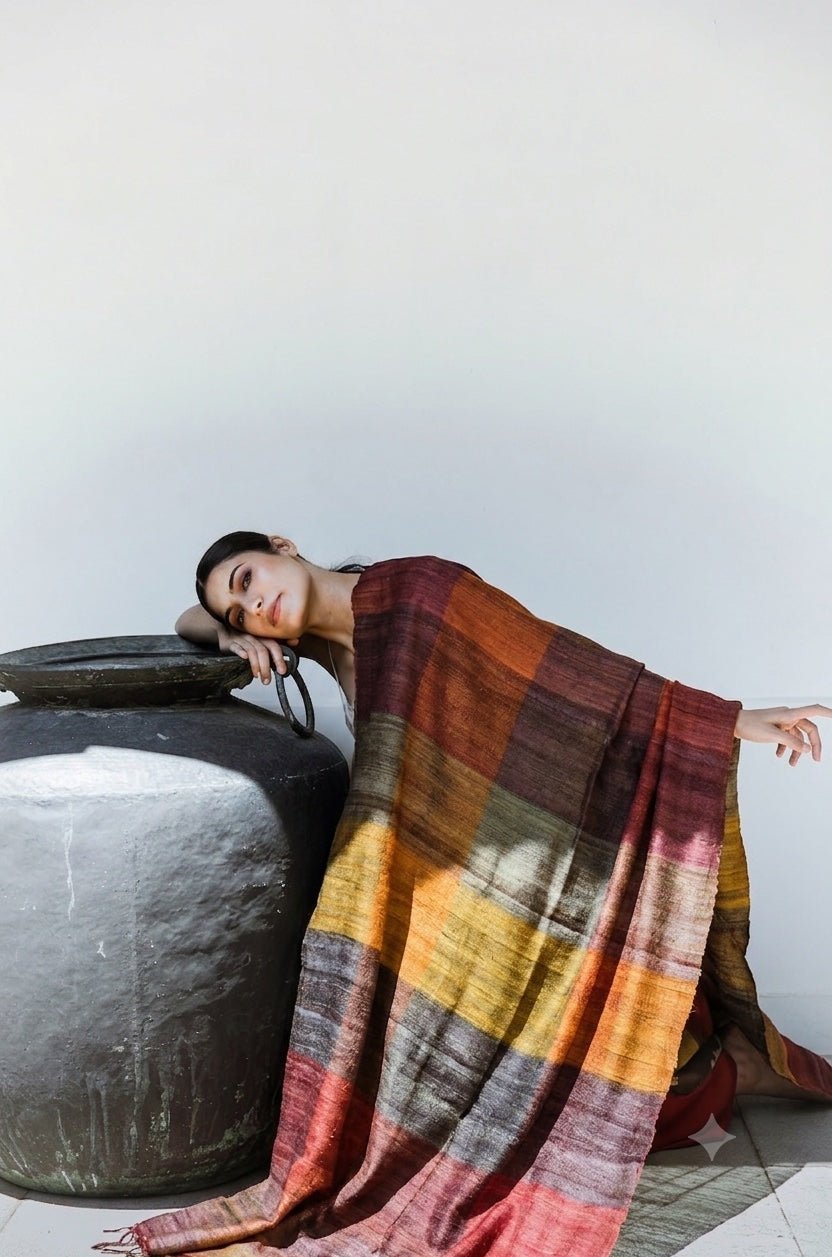 Autumn Madras Checks Tussar Peace Silk Scarf – Womens Scarf on Brown Living™. SKU: NAESA108. Img 4.