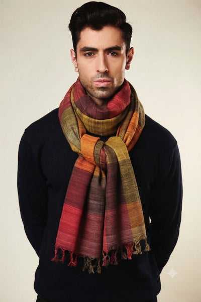 Autumn Tussar Peace Silk Scarf for Men | Madras Checks – Mens Scarf on Brown Living™. SKU: NAEMNSWT03. Img 2.