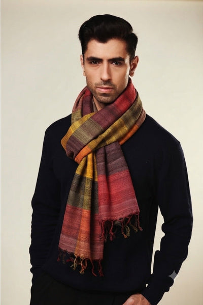 Autumn Tussar Peace Silk Scarf for Men | Madras Checks – Mens Scarf on Brown Living™. SKU: NAEMNSWT03. Img 3.