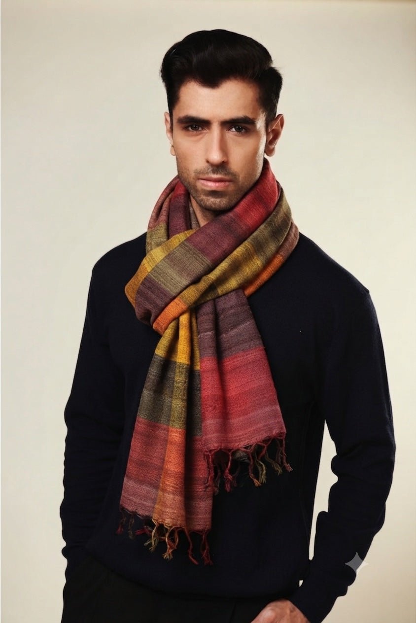 Autumn Tussar Peace Silk Scarf for Men | Madras Checks – Mens Scarf on Brown Living™. SKU: NAEMNSWT03. Img 3.
