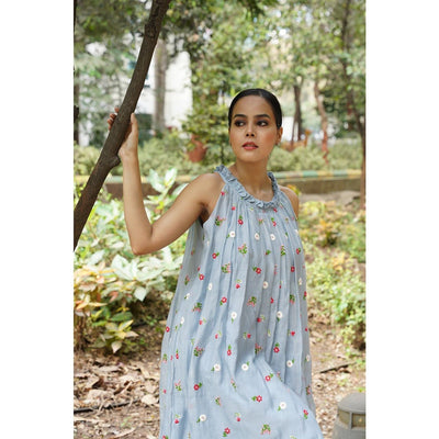 Avani Powder Blue Incut Flared Embroidered Dress. – Womens Dress on Brown Living™. SKU: HD1021XSN. Img 6.