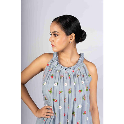 Avani Powder Blue Incut Flared Embroidered Dress. – Womens Dress on Brown Living™. SKU: HD1021XSN. Img 3.