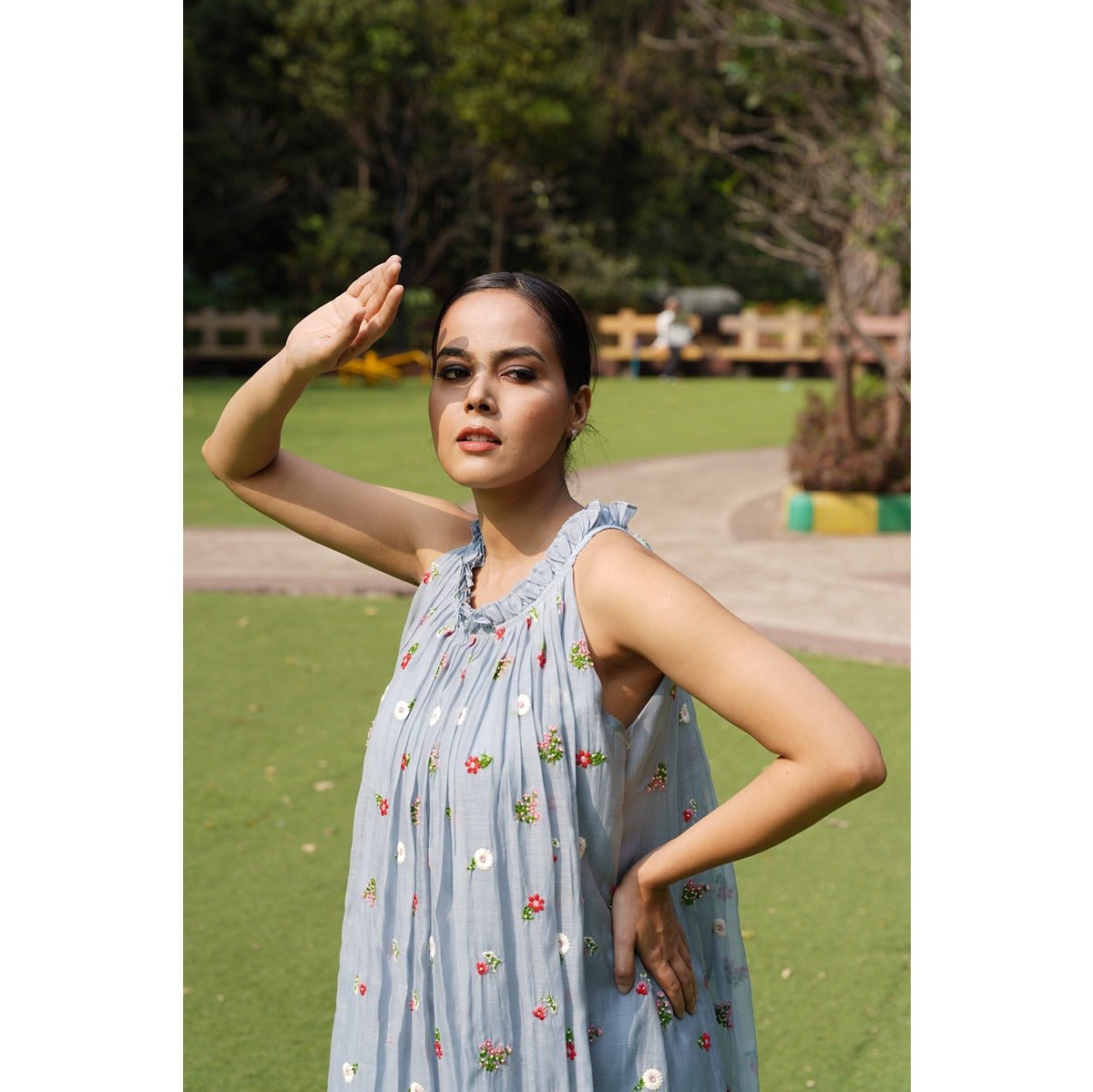 Avani Powder Blue Incut Flared Embroidered Dress. – Womens Dress on Brown Living™. SKU: HD1021XSN. Img 7.