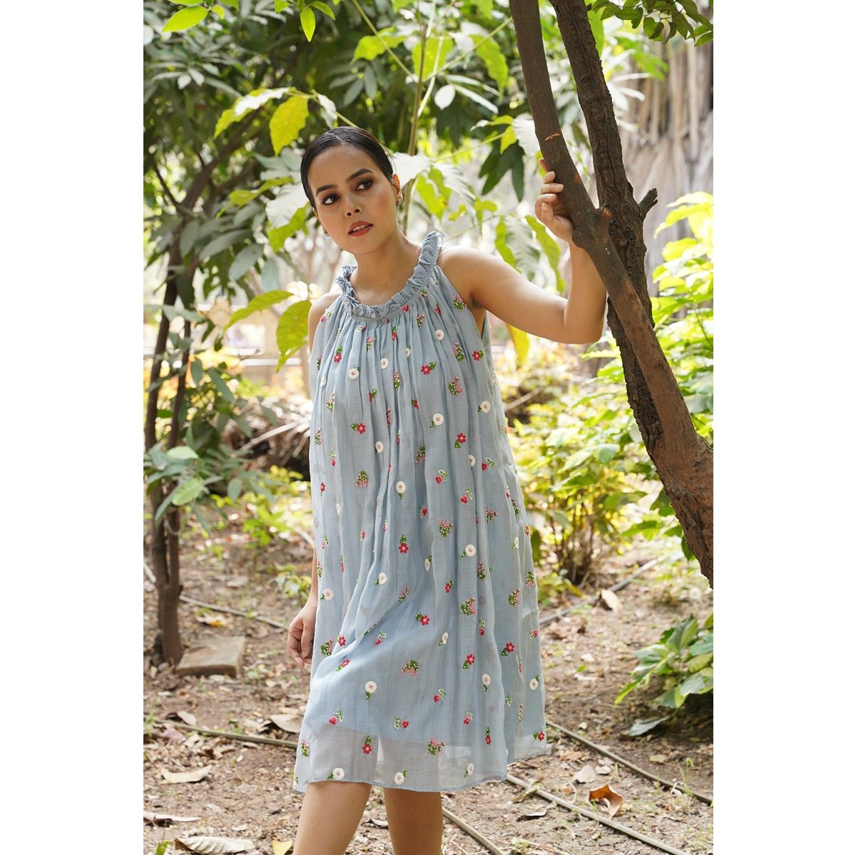 Avani Powder Blue Incut Flared Embroidered Dress. – Womens Dress on Brown Living™. SKU: HD1021XSN. Img 5.
