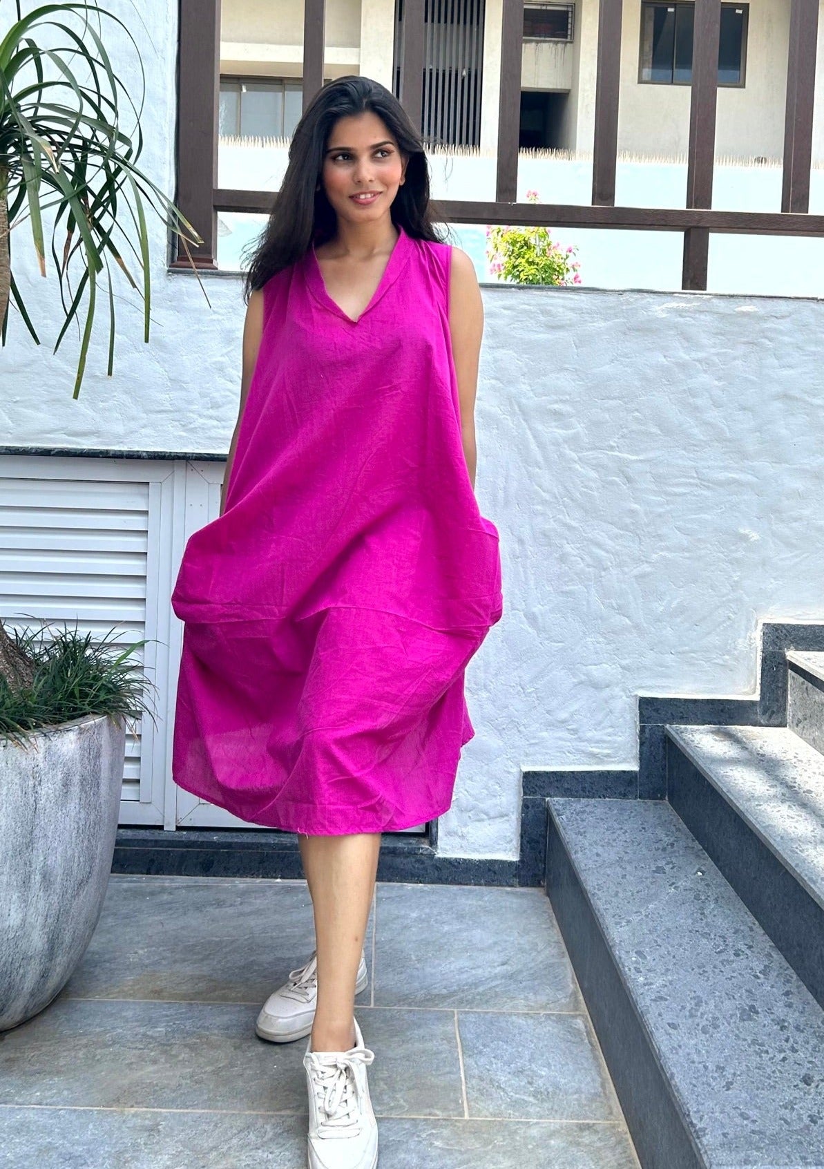 Avni Solid Pocket Handloom Cotton Dress Hot Pink | Verified Sustainable by Brown Living™