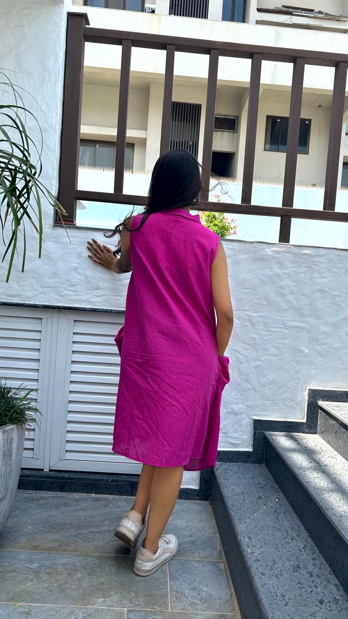 Avni Solid Pocket Handloom Cotton Dress Hot Pink | Verified Sustainable by Brown Living™