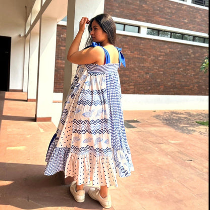 Ayesha Pattern Block Ultra Flare Handloom Cotton Dress - White | Verified Sustainable by Brown Living™